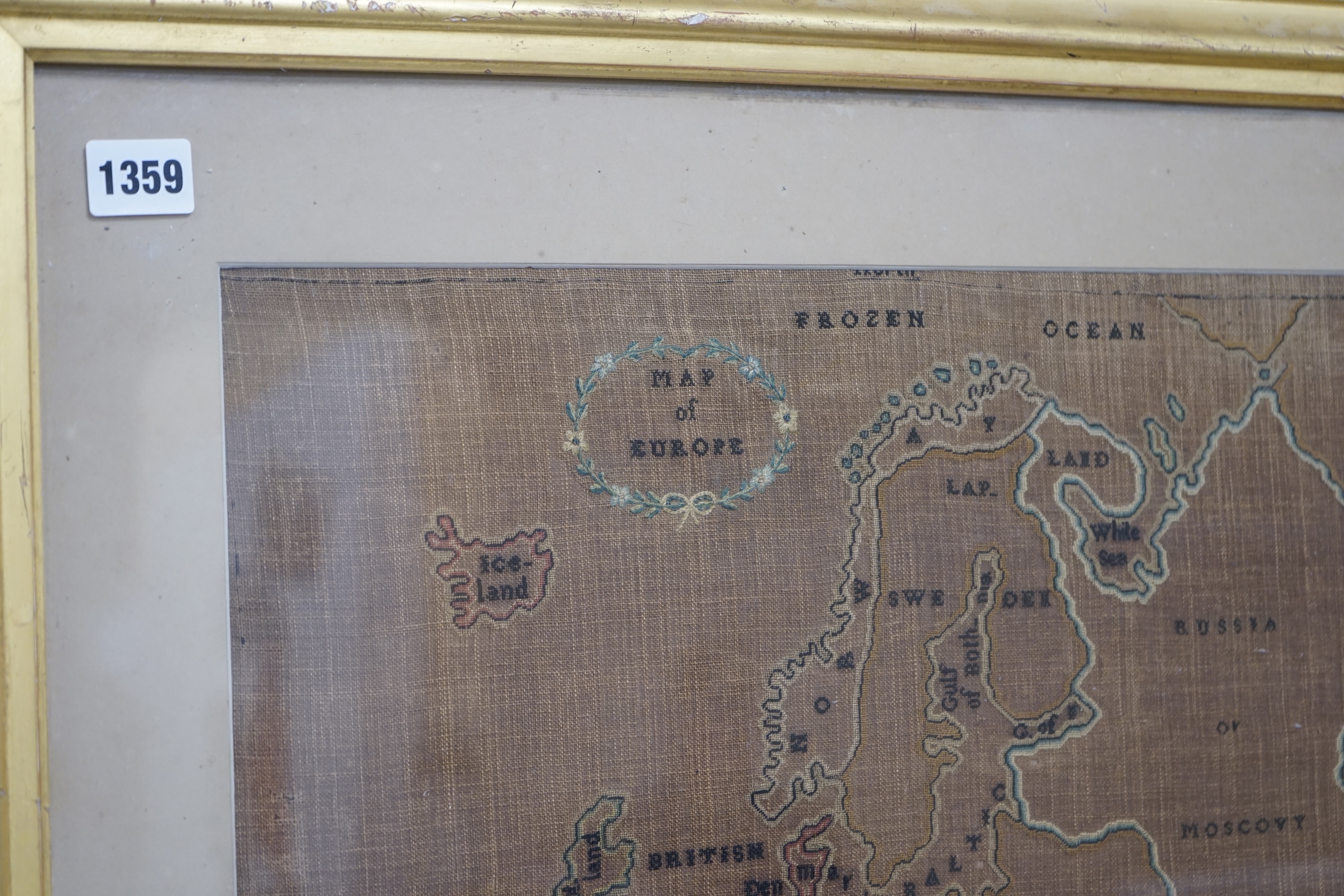 A late 19th century map sampler of Europe, linen backing discoloured by the light and sun, 46cm wide, 47.5cm high. Condition - fair, discolouration and staining